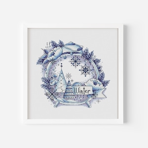 Winter Wreath Cross Stitch Pattern, Winter Ornament, Flower Cross Stitch, Silver Wreath, Instant Download PDF File, Winter Decor