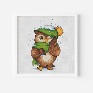 Cozy Owl in Winter Wonderland, Bird Cross Stitch Pattern, Christmas Hand Embroidery, Cute Owlet Winter Decor Digital Design Digital PDF File image 1