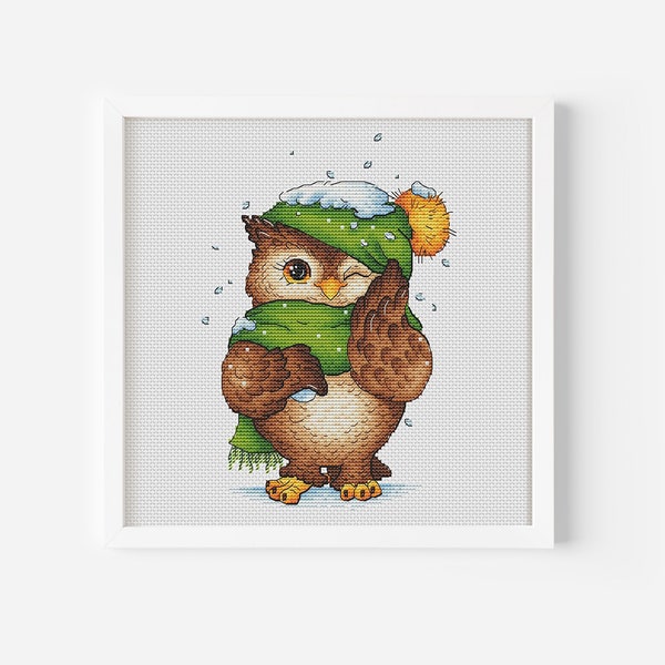 Cozy Owl in Winter Wonderland, Bird Cross Stitch Pattern, Christmas Hand Embroidery, Cute Owlet Winter Decor Digital Design Digital PDF File