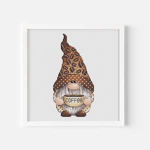 Coffee Lover Gnome Cross Stitch, Coffee Beans Hat Hand Embroidery, Coffee Lover Gift Tapestry, Digital File, Instant Download PDF Pattern