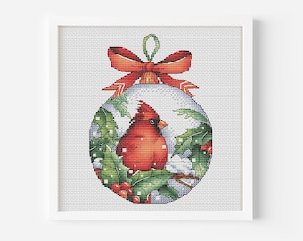 Röd kardinal ornament korsstygnsmönster PDF, handgjort festligt julfågelmönster handbroderi vinterkardinal present till fågelälskare