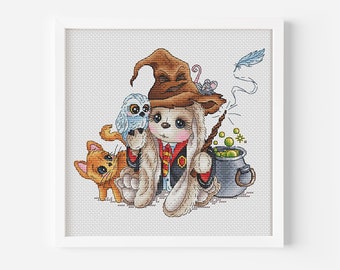 Patrón de punto de cruz de mago (PDF), decoración de Halloween, bordado de búho, descarga digital instantánea, punto de cruz mágico, tapiz de conejito adorable