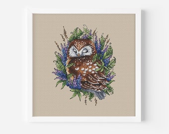 Hibou motif point de croix PDF, oiseaux comptés point de croix, broderie à la main oiseau nocturne, hibou avec fleurs décoration bricolage fichier numérique PDF