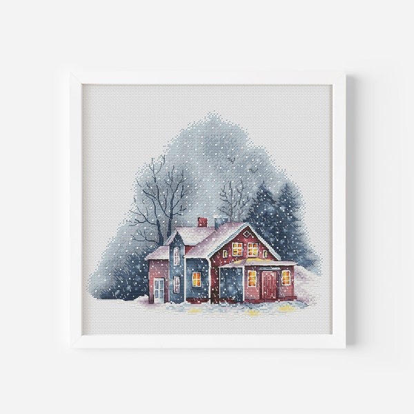 Winter House Cross Stitch Pattern PDF, Blizzard Counted Cross Stitch, Snow Hand Embroidery Pattern, Winter Landscape Decor Digital Design