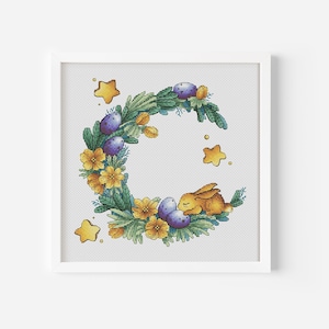 Easter Wreath Cross Stitch, Bunny & Eggs Hand Embroidery, Instant Download Pattern PDF Spring Theme