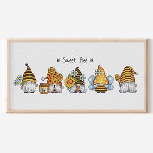 Honey Bee Cross Stitch, Gnome Bee Cross Stitch, Bumblebee Cross Stitch, Sunflower Cross Stitch, Bee Lover Gift, Instant Download PDF Pattern