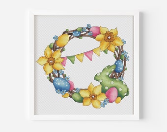 Easter Wreath Cross Stitch Pattern PDF, Easter Bunny Cross Stitch, Easter Egg Cross Stitch, Flowers Cross Stitch, Instant Download
