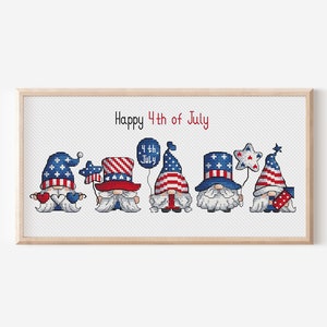 Independence Day Cross Stitch Patterns PDF,Patriotic 4th July Set of 5 Gnome Chart,Small Kawaii Fairy Embroidery,Mini Dwarf Digital File