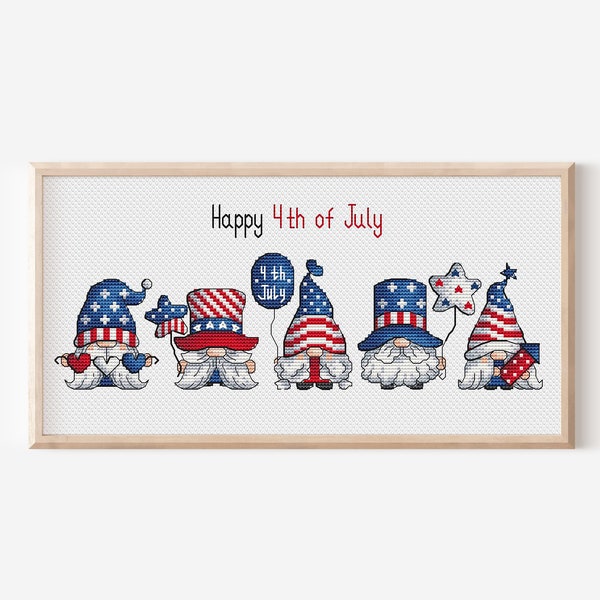 Independence Day Cross Stitch Patterns PDF,Patriotic 4th July Set of 5 Gnome Chart,Small Kawaii Fairy Embroidery,Mini Dwarf Digital File