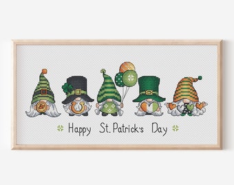 Gnome Cross stitch pattern PDF, Set St Patricks Leprechaun Cross Stitch, 5 Irish Gnomes Embroidery, Instant Download, St Patrick's Day Decor