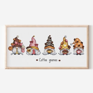 Coffee Gnome Cross Stitch, Cocoa Cross Stitch, Sweet Hand Embroidery, Coffee Lover Gift Tapestry, Digital File Instant Download PDF Pattern