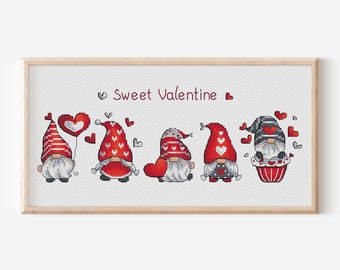 Gnome Cross stitch pattern PDF, Valentine's Gnomes Counted Cross Stitch, Cute Gnome Embroidery, Instant Download File, Valentines Day Decor