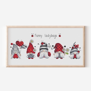 May include: Cross stitch pattern featuring five gnomes with ladybug hats and accessories. The gnomes are wearing black and white striped shirts and red pants. The pattern is titled "Fanny ladybugs".