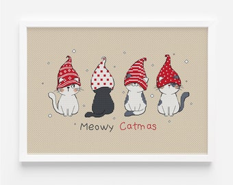 May include: Four cats wearing red and white knitted hats with a white background. The text "Meowy Catmas" is below the cats.