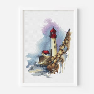 Lighthouse Cross Stitch Pattern, Coastal Decor, Sea Cross Stitch Pattern, Stone Cliff Cross Stitch, Nautical Decor Instant Download PDF File