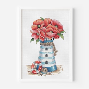 Lighthouse Cross Stitch Pattern PDF Instant Download Botanical Poppy Cross Stitch, Elegant Floral Bouquet Counted Cross Stitch Coastal Decor