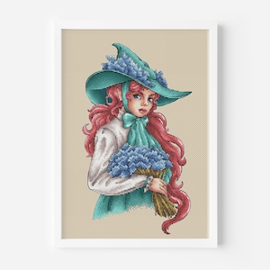May include: A whimsical illustration of a young woman with pink hair wearing a teal witch hat with blue flowers and holding a bouquet of blue flowers.