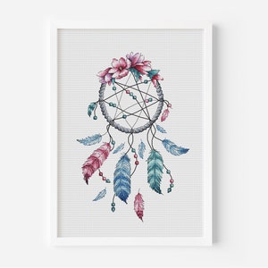 Patrón de punto de cruz Dreamcatcher, diseño de flores y plumas, lindo bordado elegante, archivo PDF de descarga instantánea, regalo hecho a mano de decoración del hogar