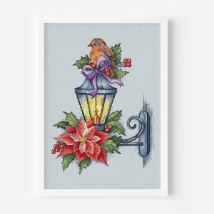 Padrão de ponto cruz de natal pdf, gráfico de ponto cruz de contagem de pássaros, bordado de mão de lanterna de inverno, arquivo digital de design de bordado de flores