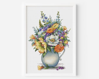 Flowers Cross Stitch Pattern PDF, Flower Vase Counted Cross Stitch, Delicate Bouquet, Funny Gift, Instant Download Design Digital PDF File