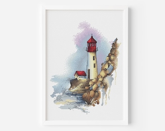 Phare Cross Stitch Pattern, Coastal Decor, Sea Cross Stitch Pattern, Stone Cliff Cross Stitch, Nautical Decor Instant Download PDF File