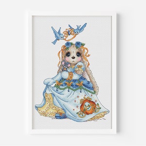 Fairytale Princess Cross Stitch Pattern PDF, Blue Ball Gown Bunny Embroidery, Mouse Cross Stitch Bunny Beginner Needlepoint Instant Download