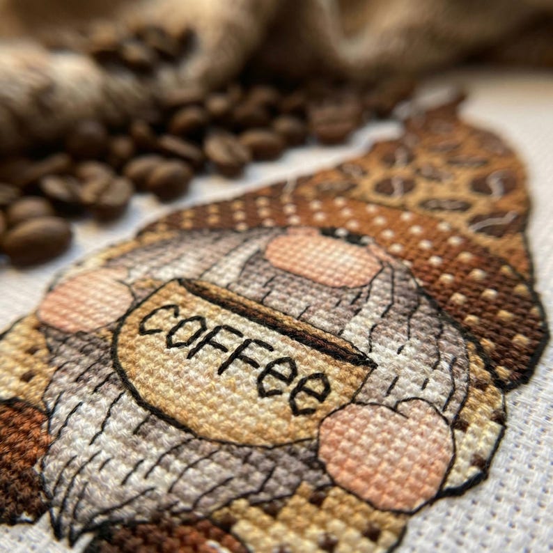 Coffee Lover Gnome Cross Stitch, Coffee Beans Hat Hand Embroidery, Coffee Lover Gift Tapestry, Digital File, Instant Download PDF Pattern image 3