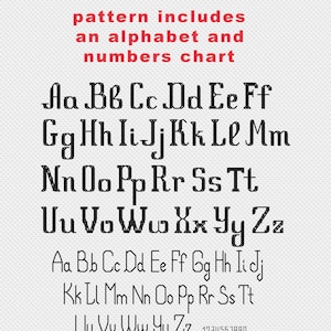 May include: Black and white alphabet and number chart with the text "pattern includes an alphabet and numbers chart".