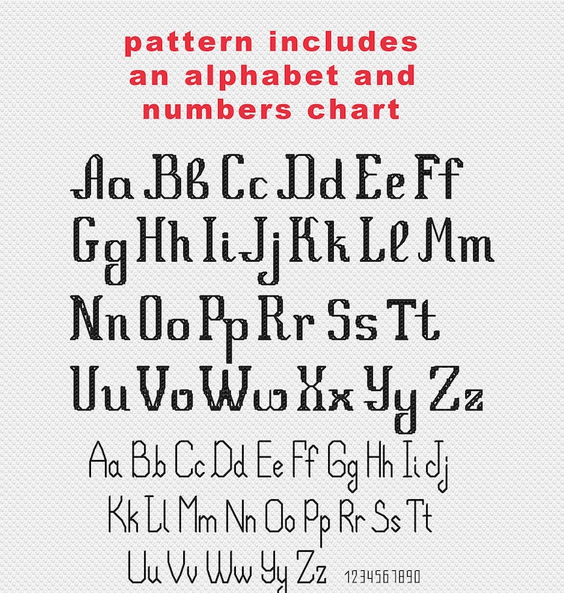 May include: Black and white alphabet and number chart with the text "pattern includes an alphabet and numbers chart".