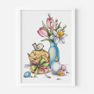 Paaskruissteekpatroon, tulpen, narcissen en pascha-taart, paaseikaars, lentebloemenmand, pdf-direct downloaden