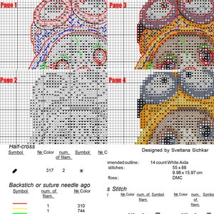 K&ouml;nnte beinhalten: Kreuzstich-Musterkarte f&uuml;r eine Comicfigur mit Pilotenm&uuml;tze und Brille. Die Karte enth&auml;lt vier Seiten mit Anweisungen zum Sticken des Designs mit verschiedenen Garnfarben. Das Design ist 55 Stiche breit und 88 Stiche hoch und misst 9,98 cm x 15,97 cm. Das Muster wurde von Svetlana Sichkar entworfen.