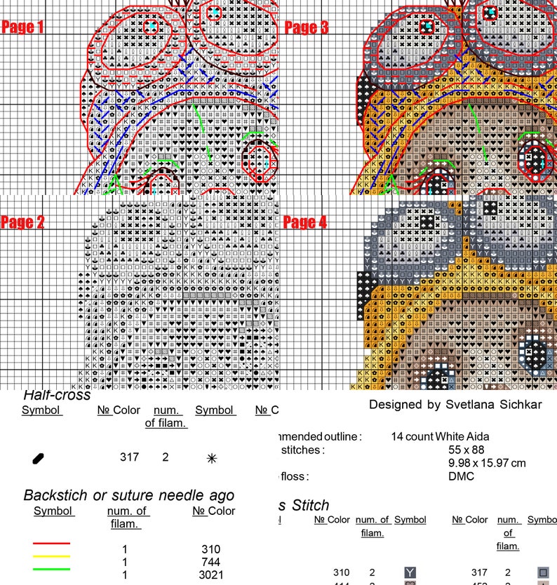 K&ouml;nnte beinhalten: Kreuzstich-Musterkarte f&uuml;r eine Comicfigur mit Pilotenm&uuml;tze und Brille. Die Karte enth&auml;lt vier Seiten mit Anweisungen zum Sticken des Designs mit verschiedenen Garnfarben. Das Design ist 55 Stiche breit und 88 Stiche hoch und misst 9,98 cm x 15,97 cm. Das Muster wurde von Svetlana Sichkar entworfen.