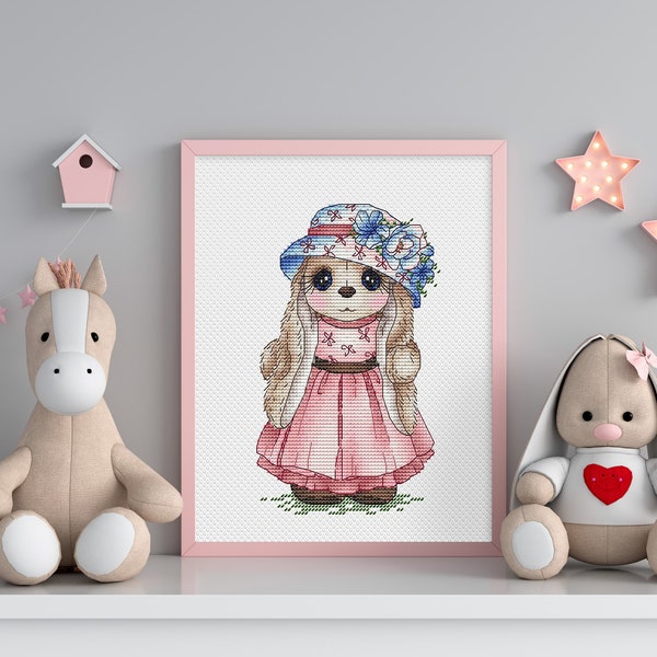 Pale Pink Dress Rabbit Cross Stitch, Bunny Cross Stitch, Cute Animal Cross Stitch, Newborn Baby Gift, Instant Download Pattern PDF