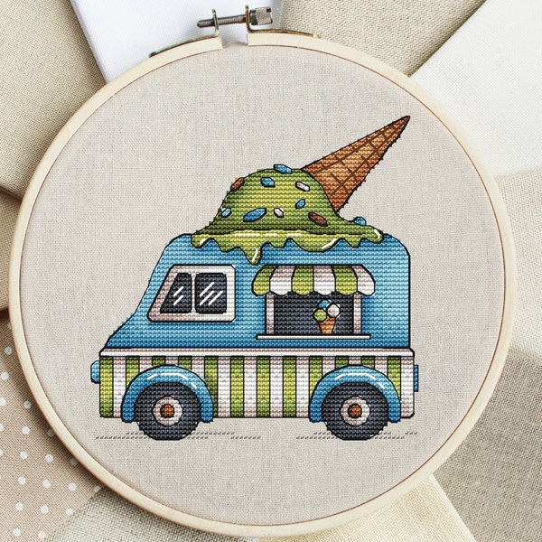 Car Cross Stitch Pattern PDF, Ice Cream Cross Stitch, Kawaii Car Embroidery, Blue MiniVan Nursery Cross Stitch Decor, Instant Download