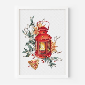Snowberry Laterne Kreuzstichmuster PDF, Weihnachtslaterne Kreuzstich, Weihnachtsstechpalme, Weihnachtslicht Handstickerei Vorlage
