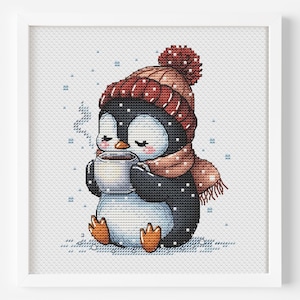 Urlaub Pinguin Kaffee trinken Kreuzstich Muster PDF Weihnachten Handarbeiten Design Instant Download Pinguin mit heißem Kakao Stickerei Kunst