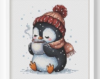 Holiday Penguin Drinking Coffee Cross Stitch Pattern PDF Christmas Needlework Design Instant Download Penguin with Hot Cocoa Embroidery Art