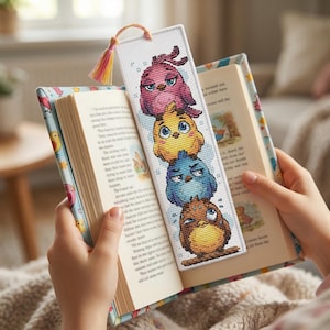 Op de afbeelding: Handgemaakte boekenlegger met vier geborduurde vogels in roze, geel, blauw en bruin. De boekenlegger, met een kwastje, bevindt zich in een open boek met een kleurrijke omslag. Het boek wordt vastgehouden.