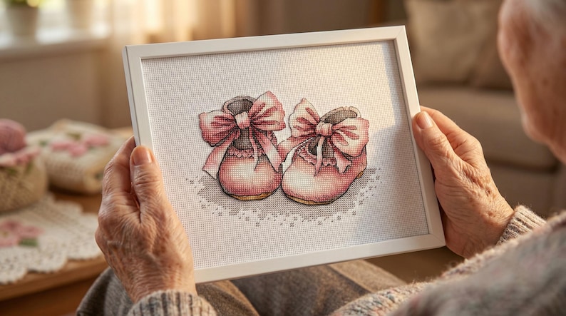 May include: A framed cross-stitch featuring two pink baby booties with large bows. The booties are detailed with shading and sit on a delicate, lacy design. The frame is white, and the artwork is held by a person.