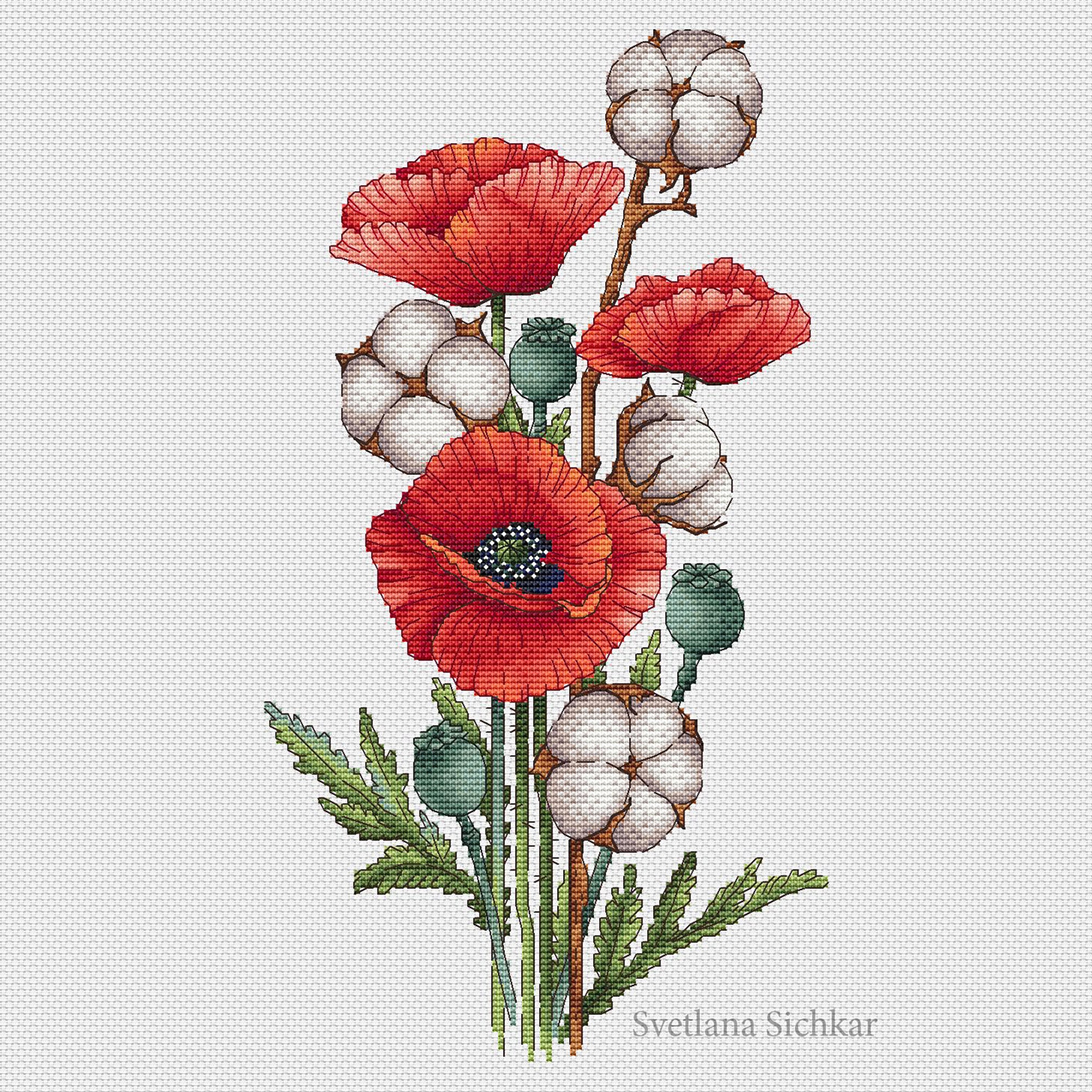 Poppy Cross Stitch Pattern PDF Instant Download Cotton Etsy