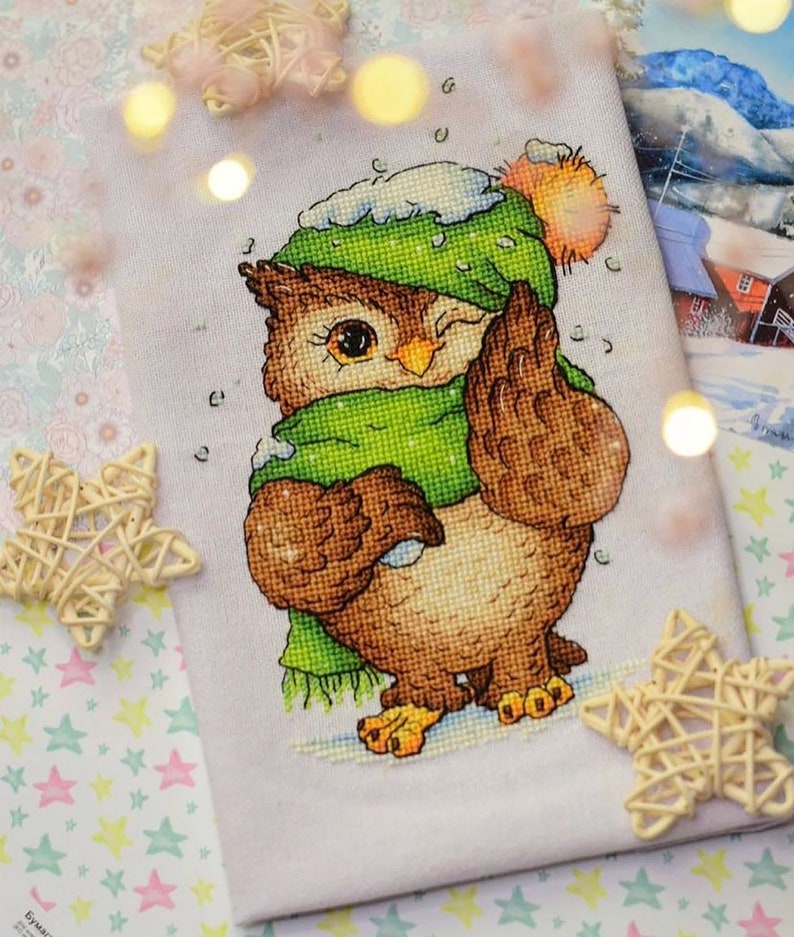 Cozy Owl in Winter Wonderland, Bird Cross Stitch Pattern, Christmas Hand Embroidery, Cute Owlet Winter Decor Digital Design Digital PDF File image 7