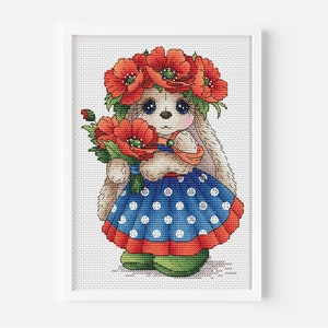 Corona de amapolas con conejo en punto de cruz, patrón de bordado a mano de conejito kawaii en PDF, descarga digital de corona de flores, proyecto de costura de primavera DIY