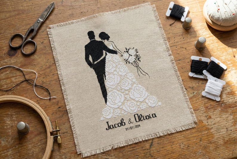 Personalized Wedding Couple Silhouette Cross Stitch Pattern, Customizable Bride & Groom Design, Custom Names and Date Romantic Anniversary image 4