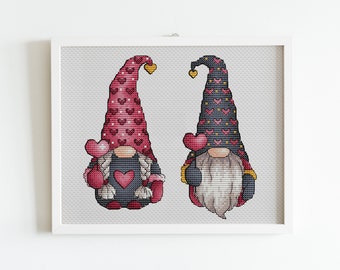 Gnome Cross stitch pattern PDF, Valentine's Gnomes Counted Cross Stitch, Cute Gnome Hand Embroidery Instant Download, Valentines Day Decor
