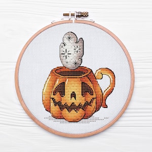Halloween Coffee Mug Cross Stitch Pattern DMC, Pumpkin Cross Stitch, Halloween Cross Stitch, Embroidery Printable PDF File Instant Download