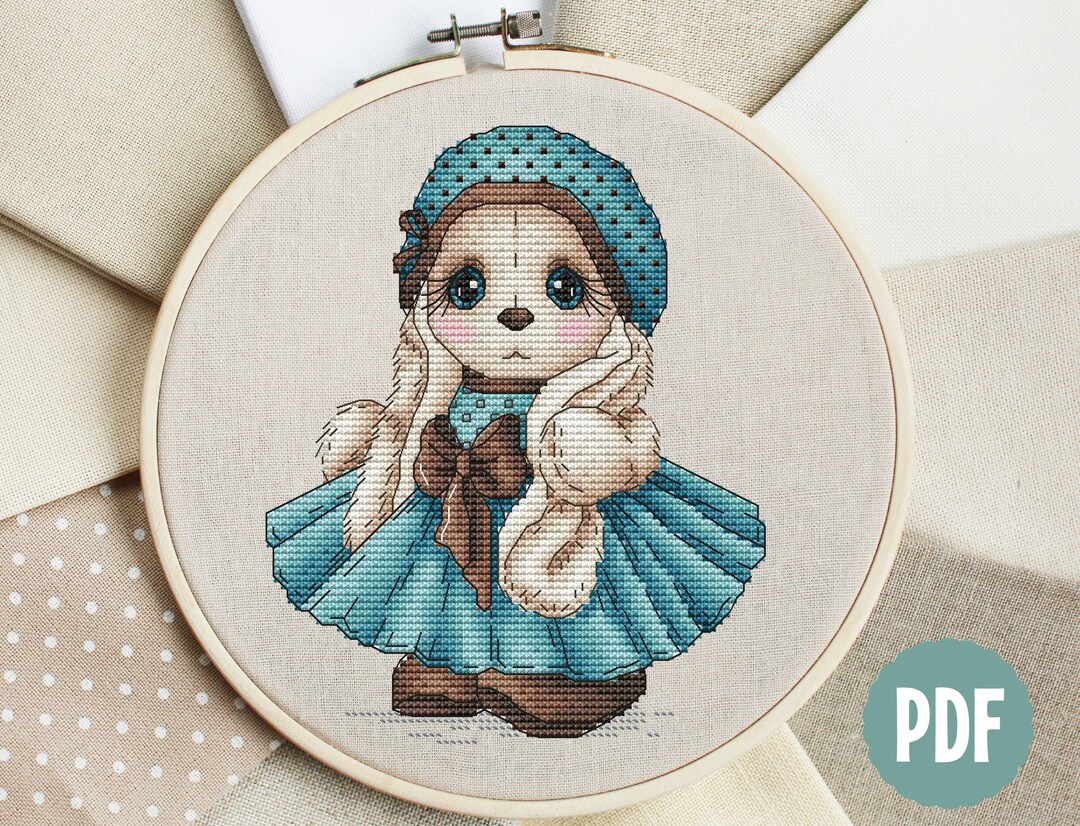 Sapphire Dress Rabbit Cross Stitch Pattern PDF, Polka Dot Hat Bunny ...