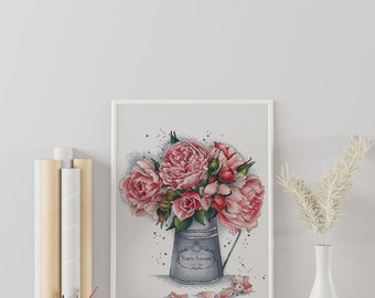 Pink Roses in Silver Watering Can Cross Stitch Pattern PDF