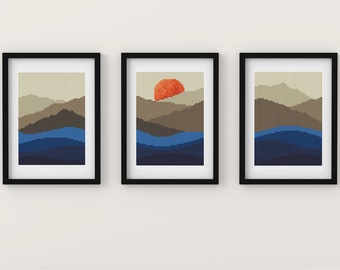 Abstrakte Boho Sonne Kreuzstich Muster PDF, Berg Sonnenuntergang Kreuzstich, minimalistisch moderne Kreuzstich, sofortiger Download digitale Datei