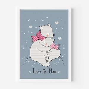 Mamma e bambino, schema punto croce famiglia, punto croce orso polare, download istantaneo del file PDF digitale per la festa della mamma, arredamento della cameretta del bambino
