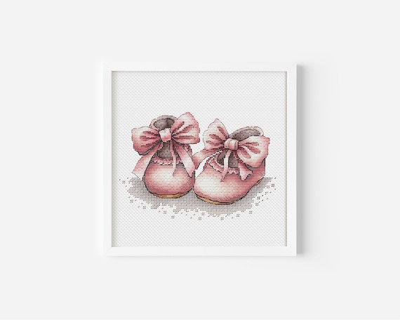 Newborn Booties Cross Stitch Pattern, Digital PDF File Pink Bows, Baby Girl Christening Booties